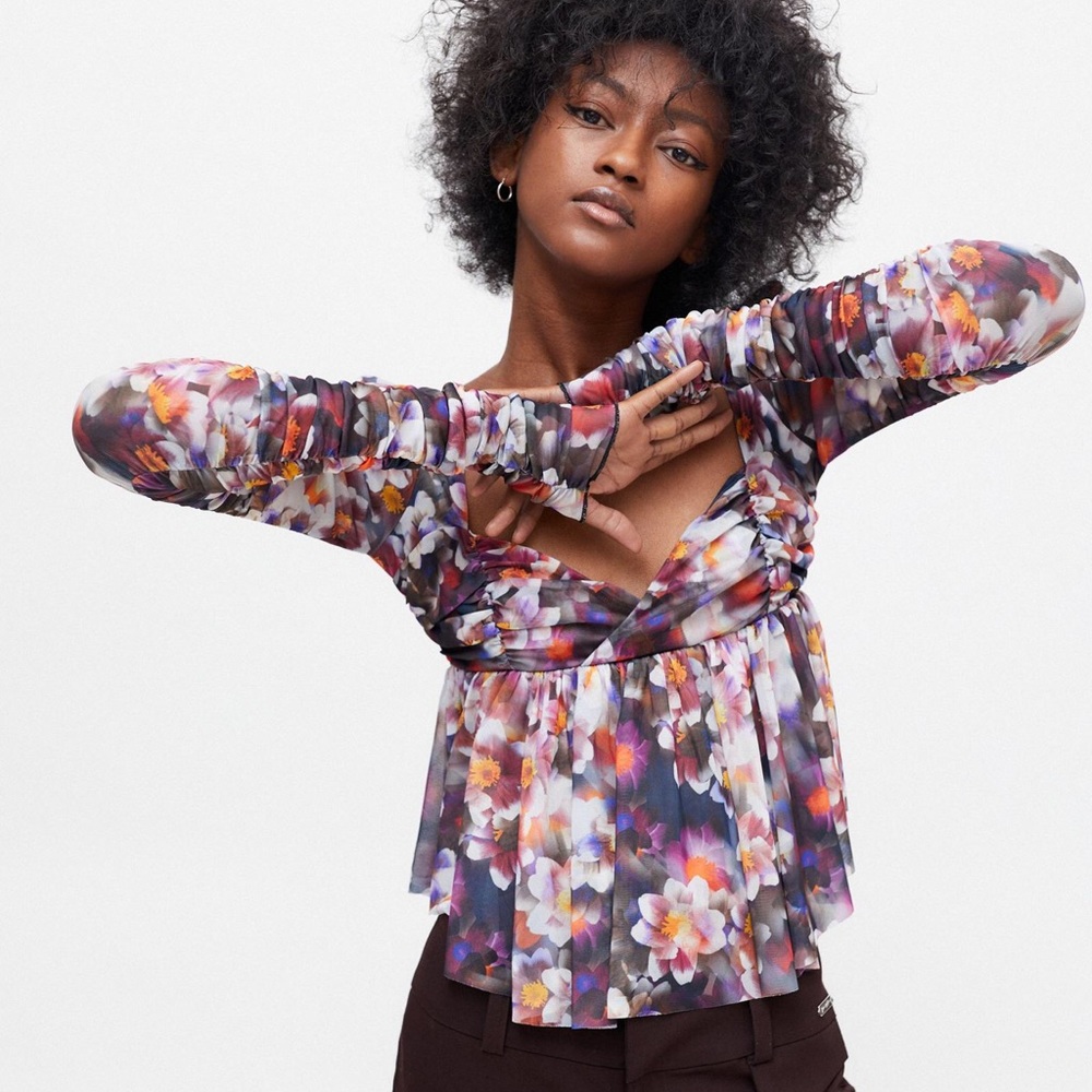 Urban Outfitters Floral Ruched Babydoll Longsleeve Top